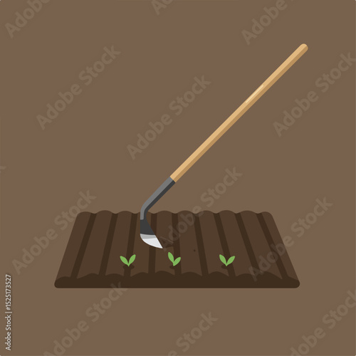 Gardening tools hoe and young sprouts in soil. Planting seedlings with garden hoe in prepared furrows.  Spring gardening concept for gardening blogs and websites.