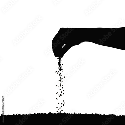 Hand sowing seeds onto soil. Planting seeds is essential step in gardening process. Simple silhouette image perfect for gardening blogs or educational materials about seed planting.