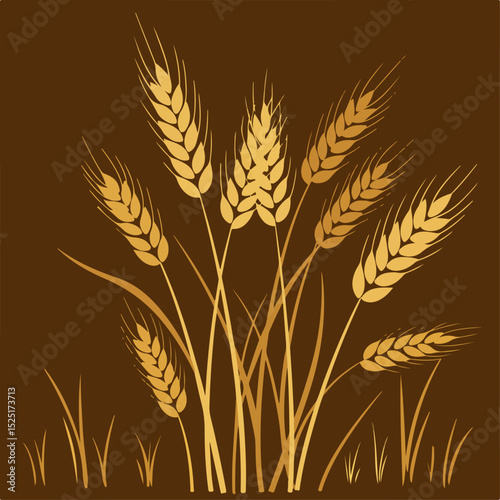Golden wheat ears on brown background. Ripe wheat stalks, symbols of harvest and abundance.  Detailed illustration of wheat for design projects related to agriculture, bread production, or gardening.