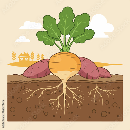 Turnip and sweet potatoes growing in rich soil.  Root vegetables with lush green leaves and extensive root system.