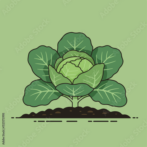 Fresh cabbage plant growing in garden soil. Young cabbage head with large green leaves. Simple cabbage illustration for gardening blogs and websites.