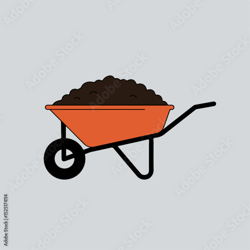 Orange wheelbarrow full of soil. Gardening equipment includes sturdy wheelbarrow and rich dark brown soil. This image is perfect for gardening websites and brochures.