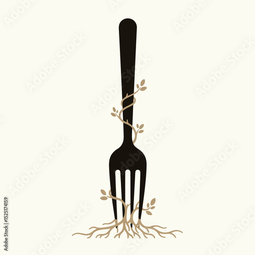 Fork with plant growing from it.  A simple illustration shows a black fork with roots and a plant growing around it, symbolizing fresh ingredients and farm-to-table dining.
