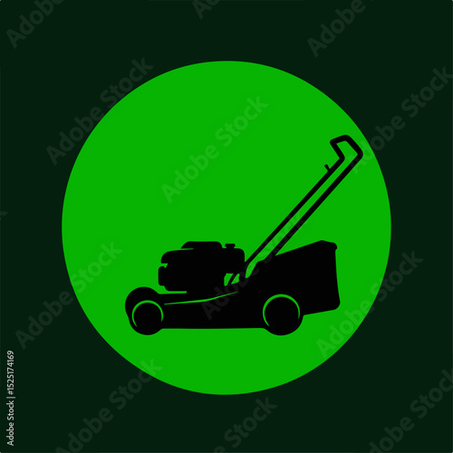 Lawn mower icon on green circle background. Gardening equipment symbol for lawn care service. Simple lawnmower illustration perfect for website design, application icon,