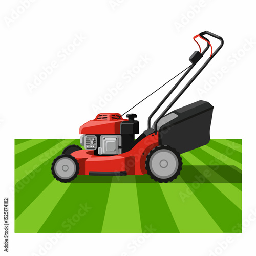 Red lawn mower on freshly cut grass. Modern lawnmower design with powerful engine and large grass catcher.  This image is perfect for showcasing lawn care equipment,