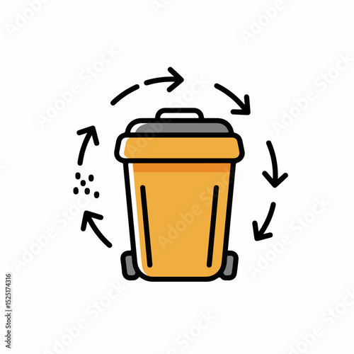 Yellow recycling bin with arrows showing waste disposal process.  Image shows detailed illustration of yellow wheelie bin for recycling.