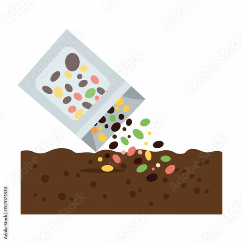 Planting colorful flower seeds from foil packet into soil. Spring gardening includes scattering seeds for vibrant blooms.
