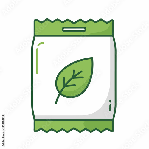 Gardening seed packet with single leaf illustration.  Seed packet design features simple leaf graphic and green color scheme.