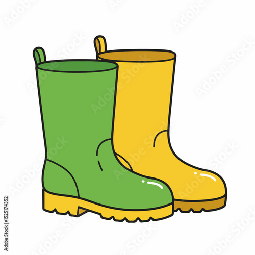 Green and yellow rain boots perfect for gardening. Stylish rubber boots for spring gardening, protecting feet from mud and water.