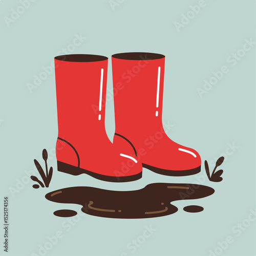Red rubber boots in mud puddle. Pair of shiny red rain boots standing in a dark brown puddle of water. Simple illustration of footwear perfect for rainy season.
