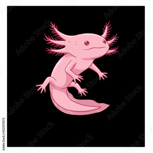 Pink axolotl ambystoma mexicanum illustration. Cute pink axolotl with feathery gills perfect for children's books or educational materials.
