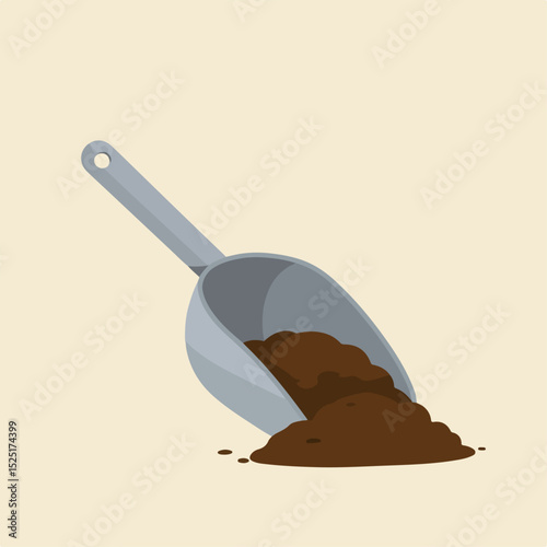 Metal scoop with brown soil spilling out.  Gardening tool filled with rich dark earth, perfect for planting seeds.  This image is ideal for creating educational materials for pediatrics or cardiology.
