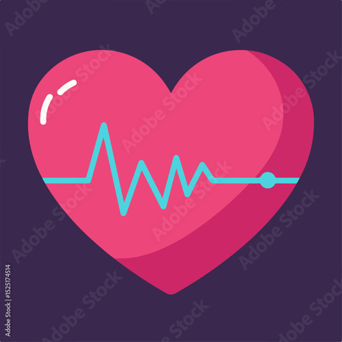 Pink heart with cardiogram line.  Illustration of healthy heart with heartbeat rhythm.  Graphic design of pink heart perfect for pediatric or cardiology practice.