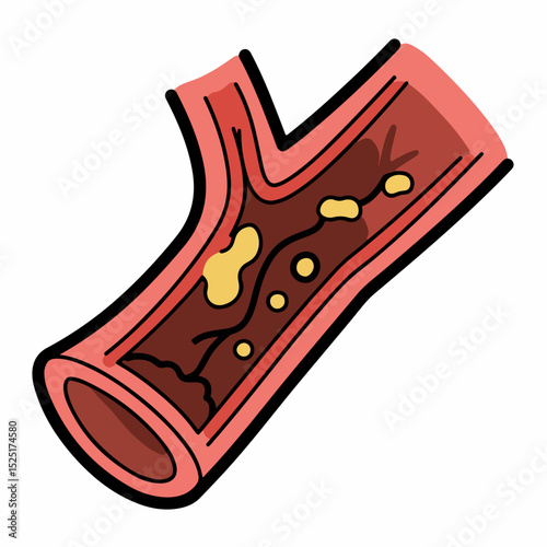 Illustration of artery with cholesterol plaque buildup.  Artery is damaged and clogged.  Detailed illustration showing atherosclerosis for medical publications.