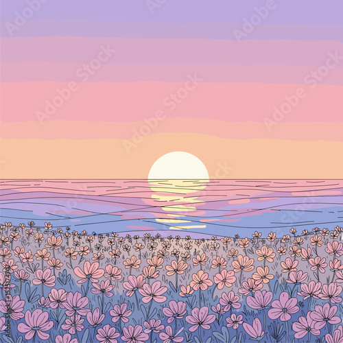 Pastel Sunset over Coastal Flower Field - Calm and Serene Illustration