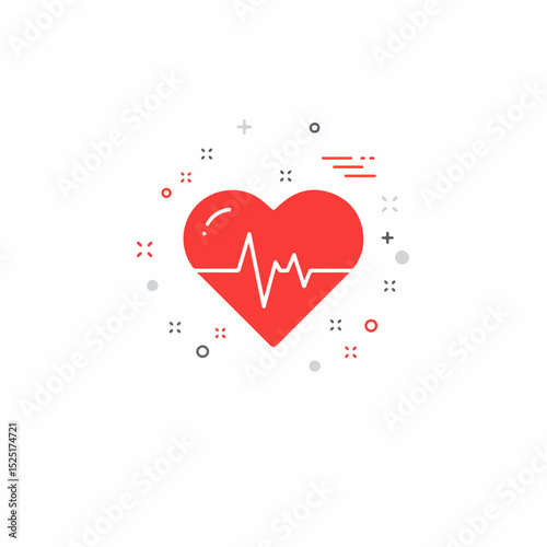 Red heart icon with heartbeat line graphic.  Heart rate monitor symbol design for medical websites.  Heart health concept perfect for pediatric or cardiology clinic brochures.