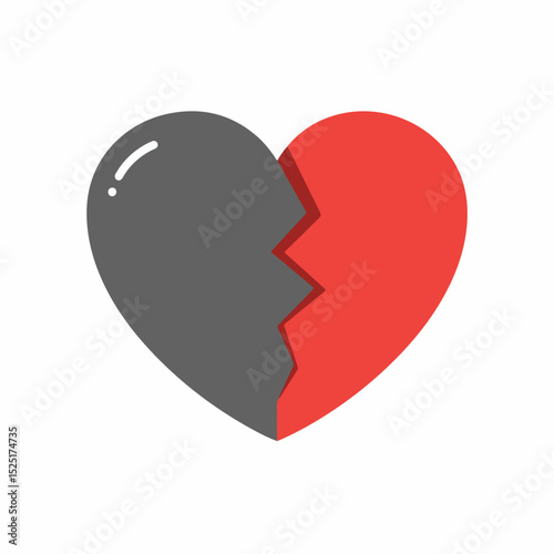 Broken heart symbol divided into two parts red and gray. Heartbreak concept image showing cracked heart with sharp edges.  This graphic design is perfect for medical brochures,