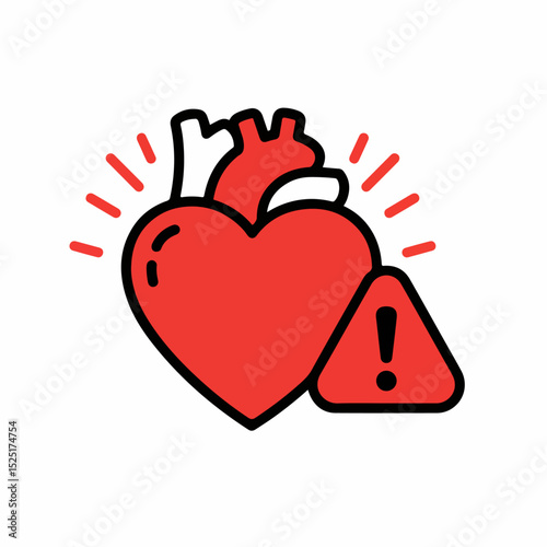 Red heart with warning sign. Heart health concept image shows anatomical heart with exclamation mark.  Medical illustration perfect for pediatric or cardiology awareness campaigns.