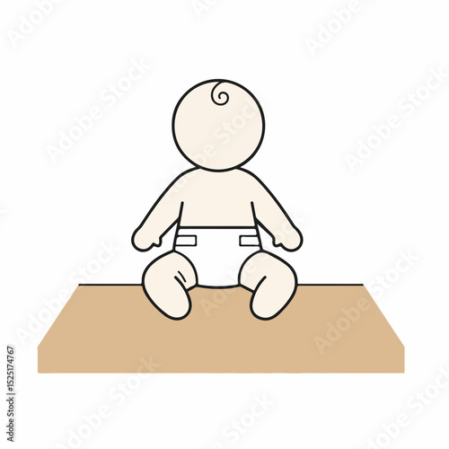 Infant sitting on changing mat.  Adorable baby in diaper on beige changing pad. Simple illustration perfect for pediatric clinic brochures, baby care instructions, or healthcare websites.