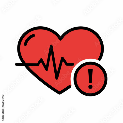 Red heart with heartbeat line and exclamation mark. Medical symbol represents heart health warning sign. Important medical illustration for pediatric or cardiology publications.