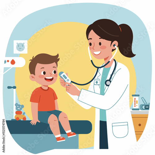 Happy child at pediatrician appointment. Doctor checking temperature with digital thermometer.  Friendly pediatrician examines boy during checkup.