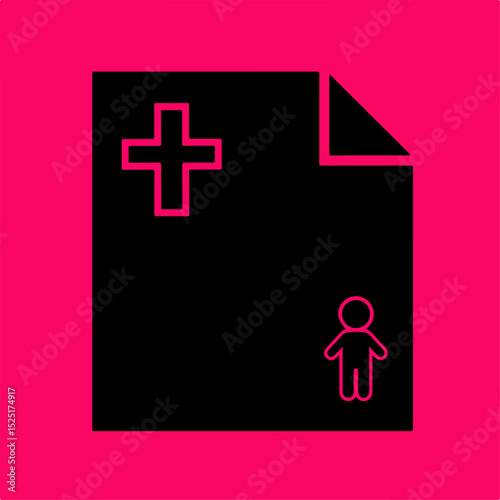 Medical record document with a plus sign and child symbol. Pediatric or cardiology report template, simple medical form with child icon.