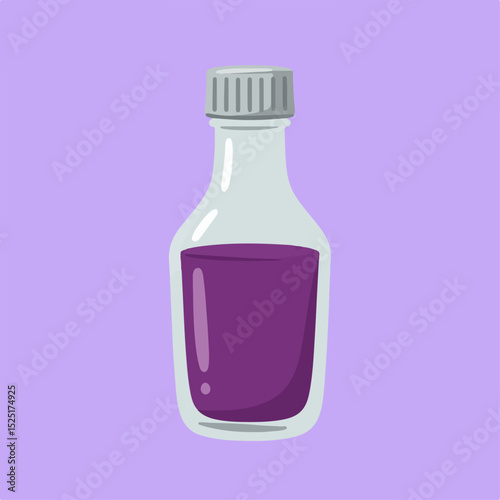 Purple medicine bottle, small glass container with screw cap, filled with dark purple liquid.  Pharmaceutical product packaging design, clear glass bottle with a tight-fitting lid.