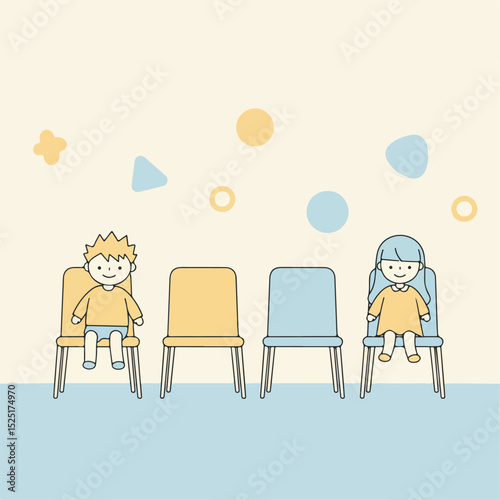 Happy children sitting on chairs in waiting room.  Smiling boy and girl patiently waiting for appointment. Cheerful kids in clinic or hospital, perfect for pediatric or cardiology practice.