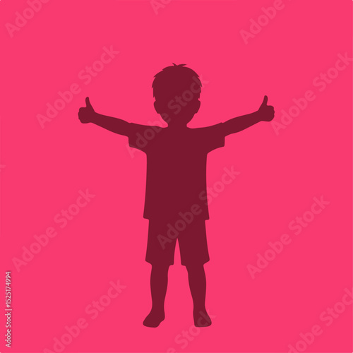 Happy child silhouette with thumbs up, pink background. Positive child body posture, arms outstretched, showing approval and well-being.