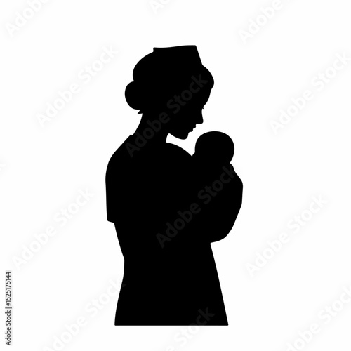 Nurse holding newborn baby. Gentle nurse cares for infant.  Silhouette of nurse and baby ideal for pediatrics or cardiology marketing materials. This image is perfect for brochures, posters,