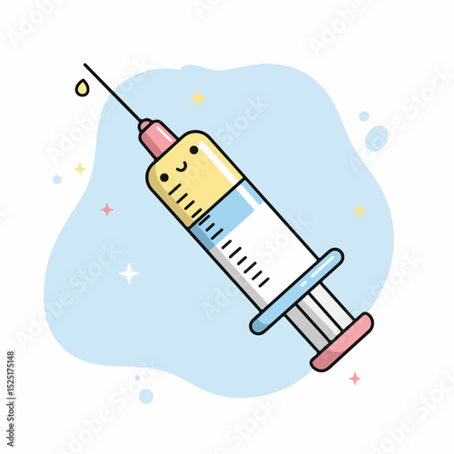 Cute cartoon syringe illustration with happy face.  Syringe design features pastel colors and simple lines.  Perfect for pediatric or cardiology practices, educational materials,