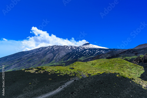 Smoke rising from Mount Etna’s peak early in the morning