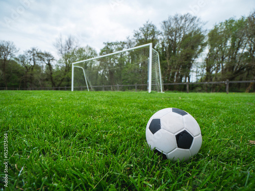 Classic style soccer or football on neatly cut green grass with small training goal posts in the background. Play area in a park. Sport and entertainment concept. photo