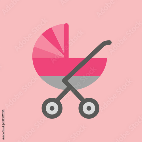 Pink baby stroller icon.  Infant carriage symbol for childcare apps or websites.  Cute baby buggy graphic for pediatric or gynecological clinics.