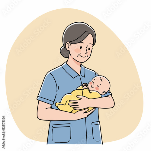 Gentle nurse holding newborn infant.  Nurse cradles baby in her arms, providing comfort and care.  This heartwarming image is perfect for brochures and websites related to pediatrics or gynecology.