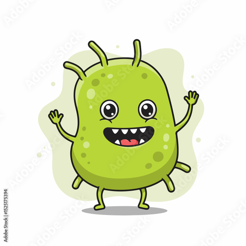 Happy green microbe cartoon character waving hands. Playful microorganism illustration with big smile and simple design.