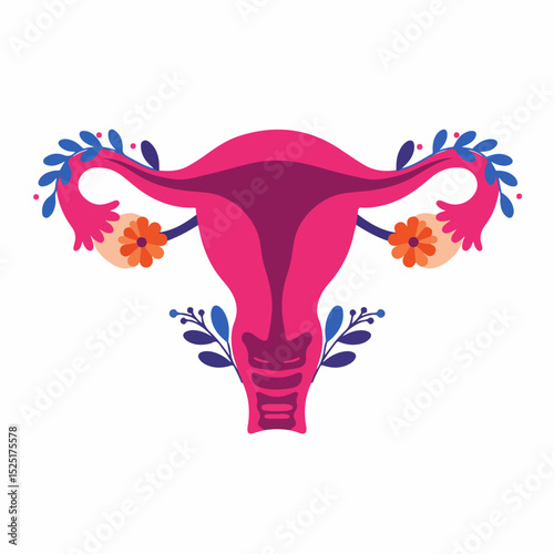Female reproductive system with floral decorations. Detailed anatomy illustration of uterus fallopian tubes and ovaries adorned with colorful flowers and leaves.
