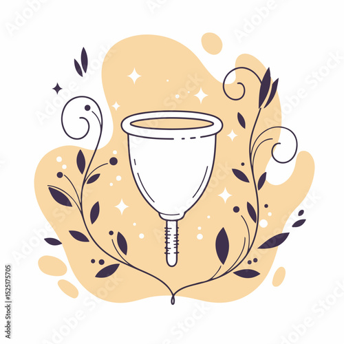 Menstrual cup illustration with floral frame.  Simple menstrual cup image on beige background.  Elegant feminine hygiene product design,