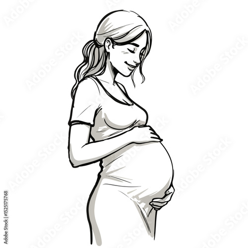 Pregnant woman gently touching her belly.  Expectant mother enjoying pregnancy.  Happy pregnancy moment. This illustration is perfect for brochures, educational materials,