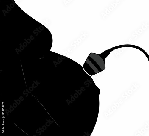 Pregnant woman silhouette with ultrasound device.  Medical examination showing pregnant belly and transducer.  Image suitable for gynecology or pediatric practices, brochures,
