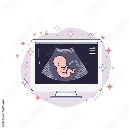 Ultrasound image of fetus on computer screen.  Fetal development shown on monitor. Detailed scan of baby in womb.  Perfect for obstetrics or pediatric clinic brochures and websites.
