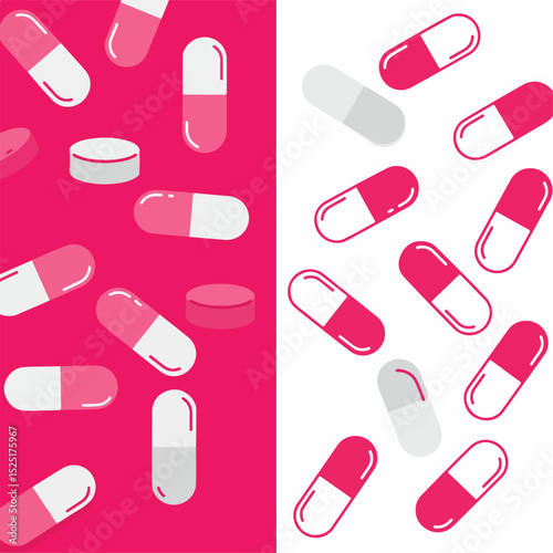 Pink and gray pills scattered on pink and white backgrounds. Medication capsules and tablets pattern.  Medical illustration perfect for healthcare brochures, pharmaceutical ads,