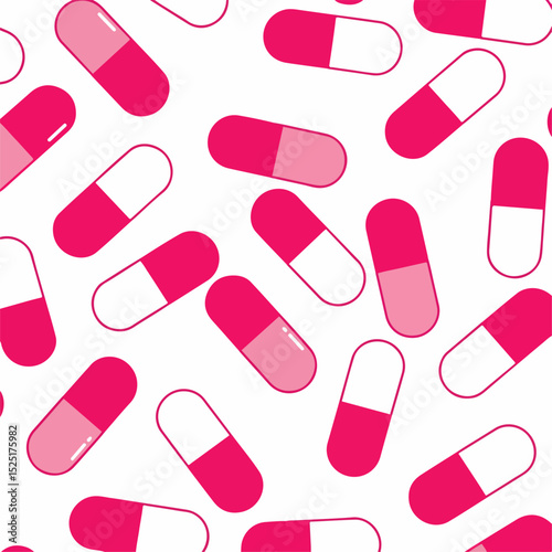 Pink capsules seamless pattern. Medical background with scattered pink and white pills. Pharmacy or healthcare design. Perfect illustration for medical brochures, websites,