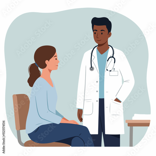 Doctor consultation, female patient sitting and listening to doctor advice.  Health care professional in white coat, examining patient.
