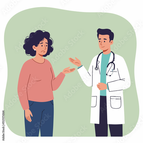 Doctor consulting female patient during appointment. Doctor explains diagnosis and treatment plan to worried patient.  Professional healthcare consultation scene ideal for medical brochures,
