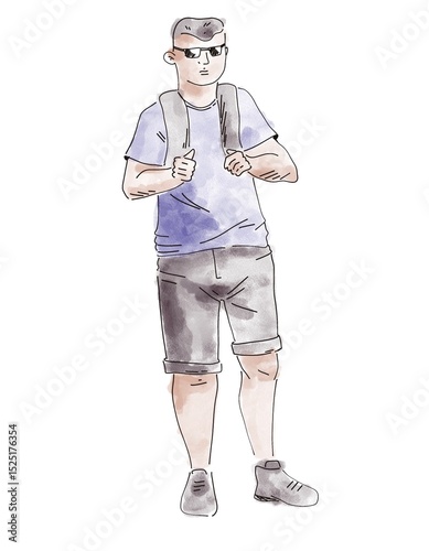 Watercolor cartoon young man in casual summer clothes with backpack and sunglasses. Trendy hand-drawn tourist or traveler character illustration isolated on white background.