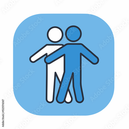Two people supporting each other, one assisting the other with walking.  Friendly support and assistance in daily life. This image is ideal for brochures, educational materials,