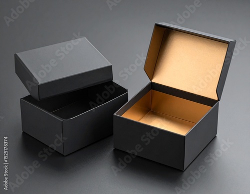 Two Black Boxes Mockup with golden wrapping paper, opened and closed on black background