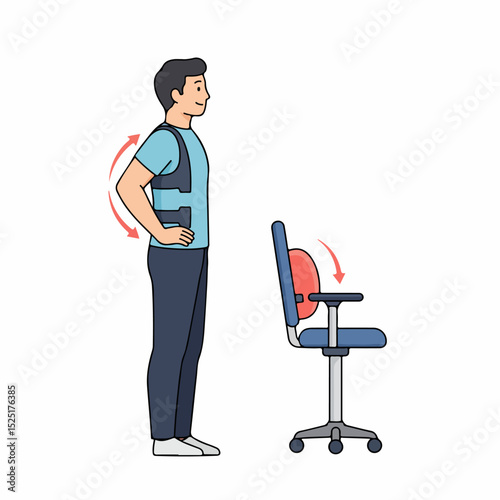 Correct posture with back support brace and ergonomic chair. Man demonstrates proper sitting position using lumbar support pillow.