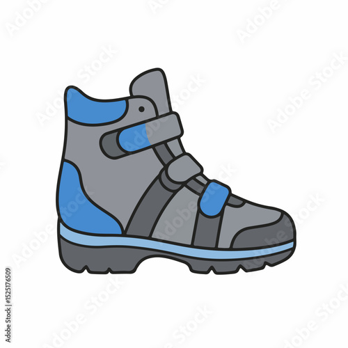 Stylish orthopedic hiking boot with blue accents and adjustable straps. Comfortable children's footwear for active kids, featuring durable gray material and sturdy sole.